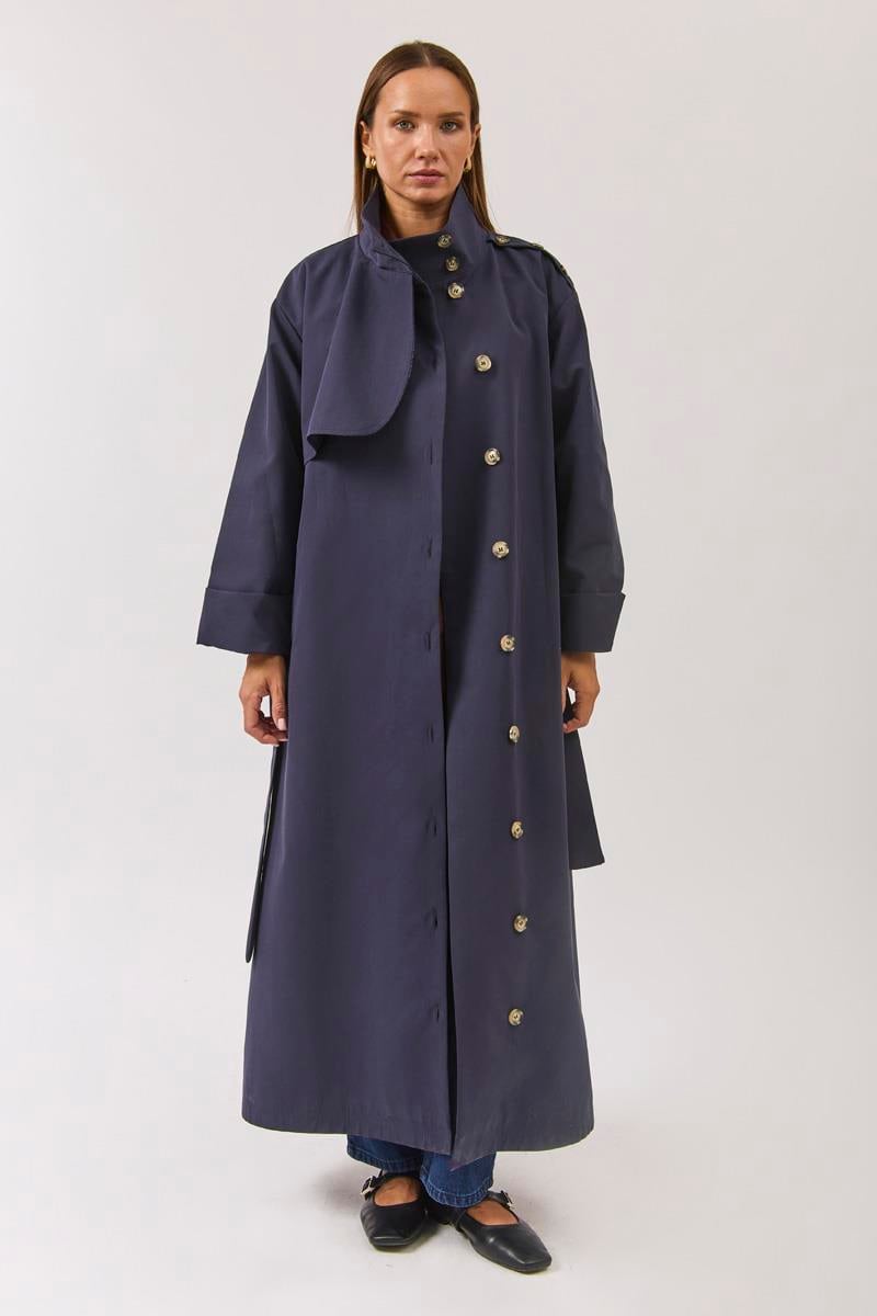 Pamuklu Yüksek Yaka Düğmeli Trençkot Lacivert