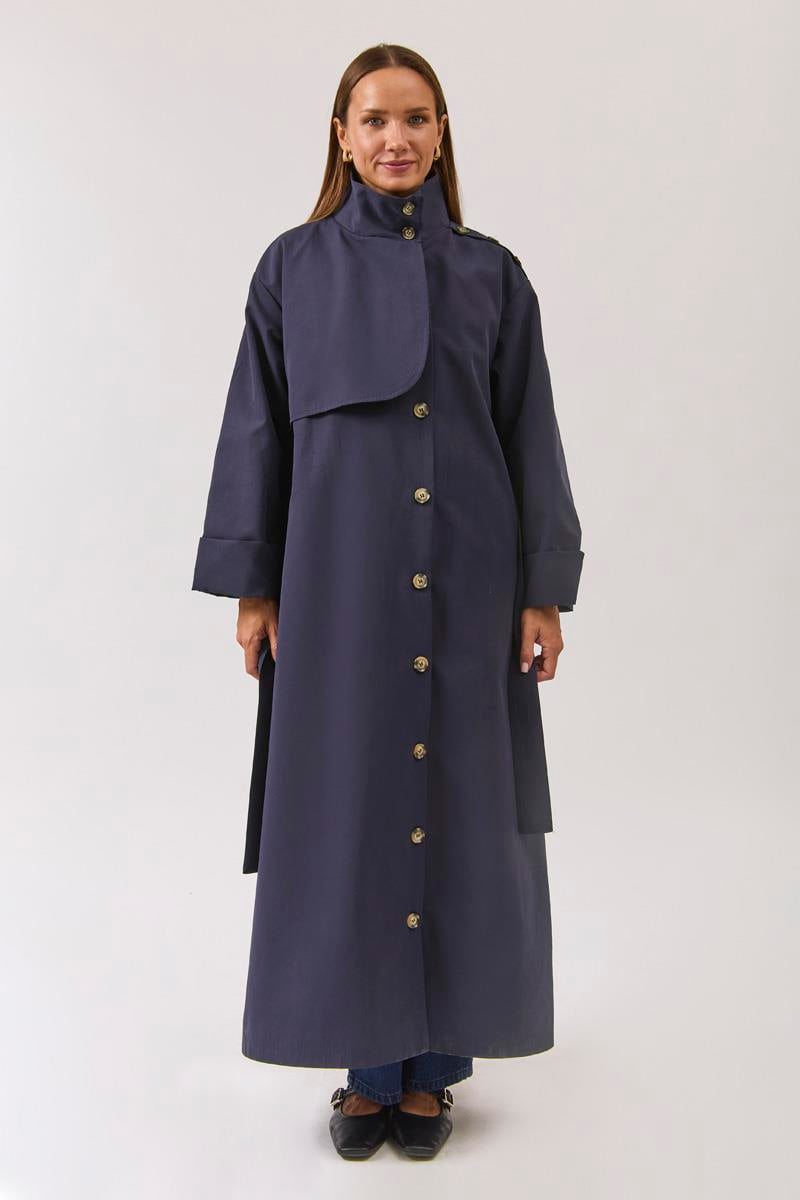 Pamuklu Yüksek Yaka Düğmeli Trençkot Lacivert