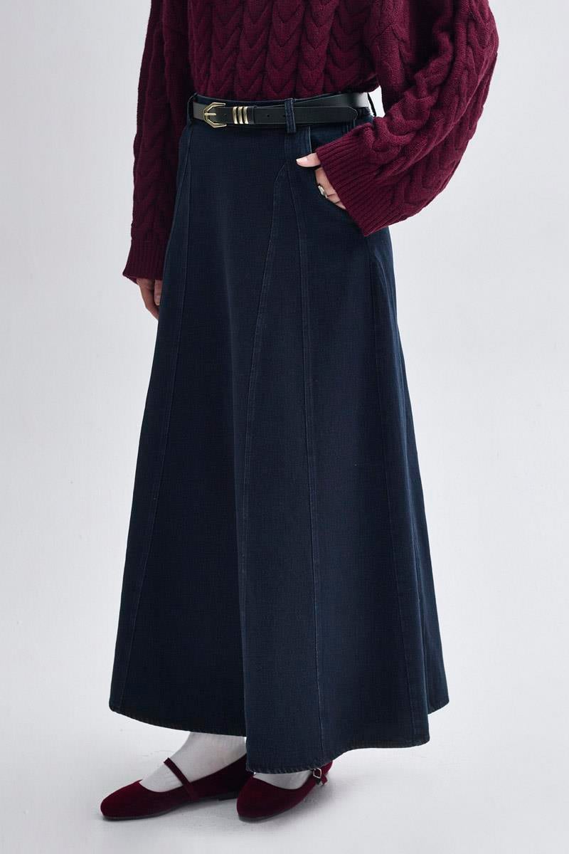 Parça Detaylı Denim Etek Koyu Mavi