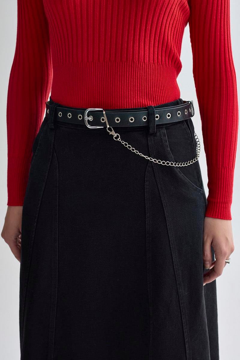 Parça Detaylı Denim Etek Siyah