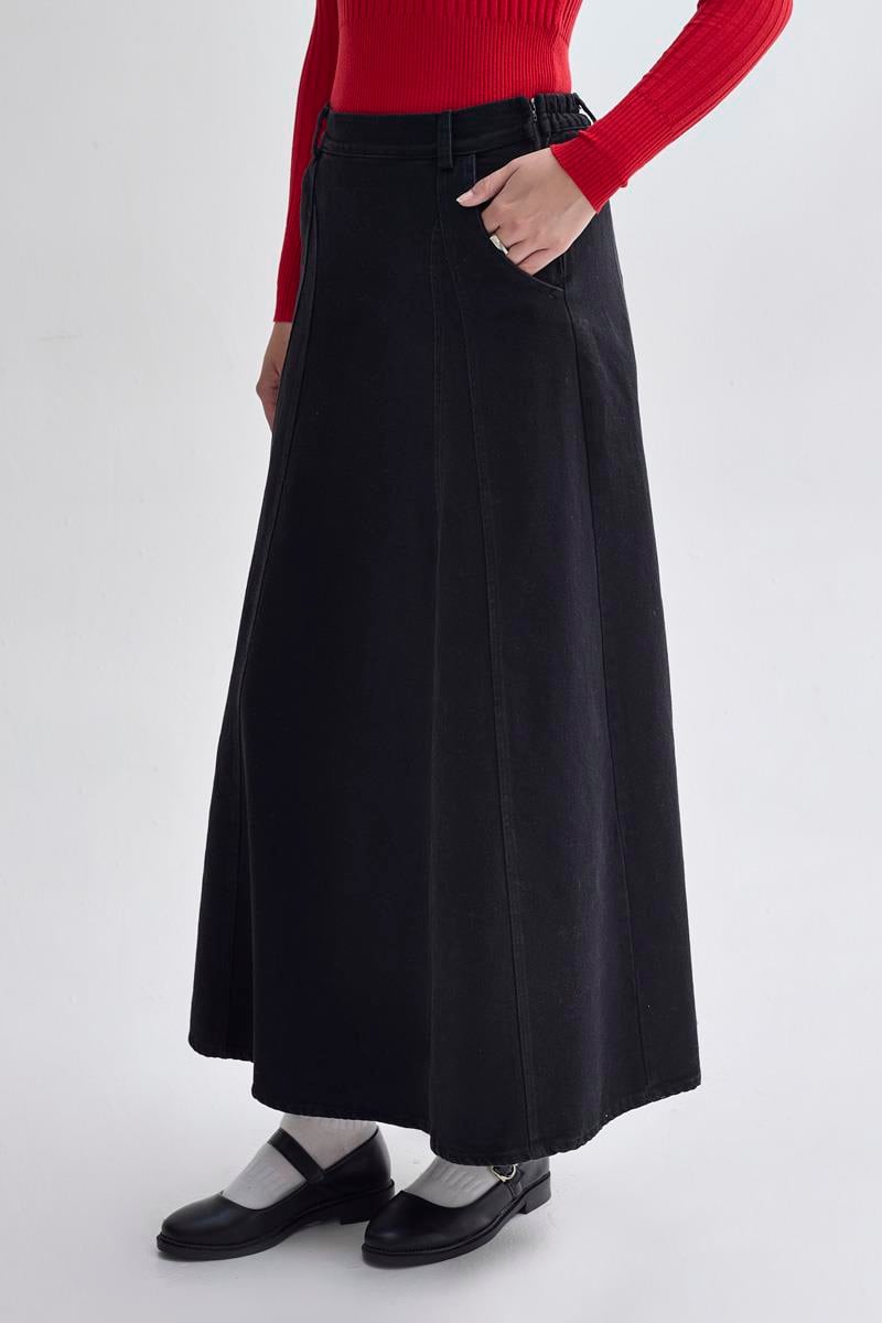 Parça Detaylı Denim Etek Siyah