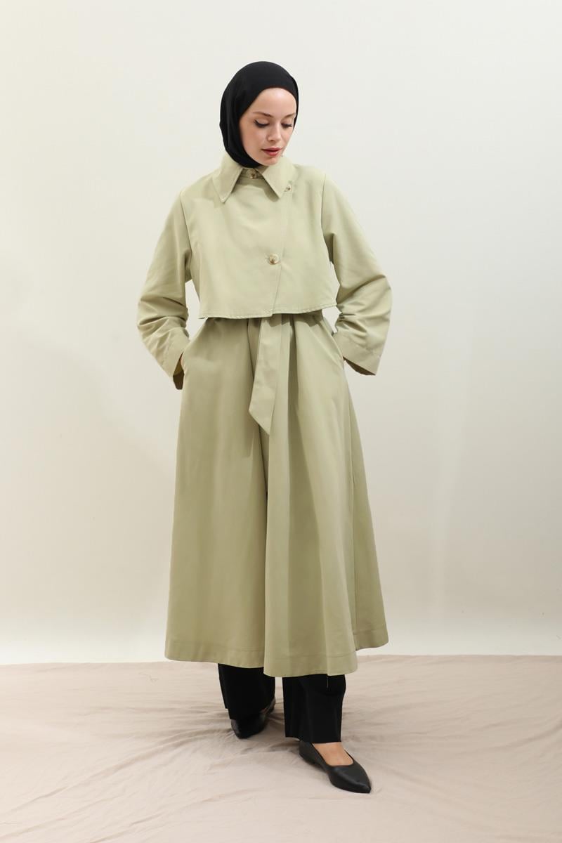 Parçalı Kloş Trençkot Avokado