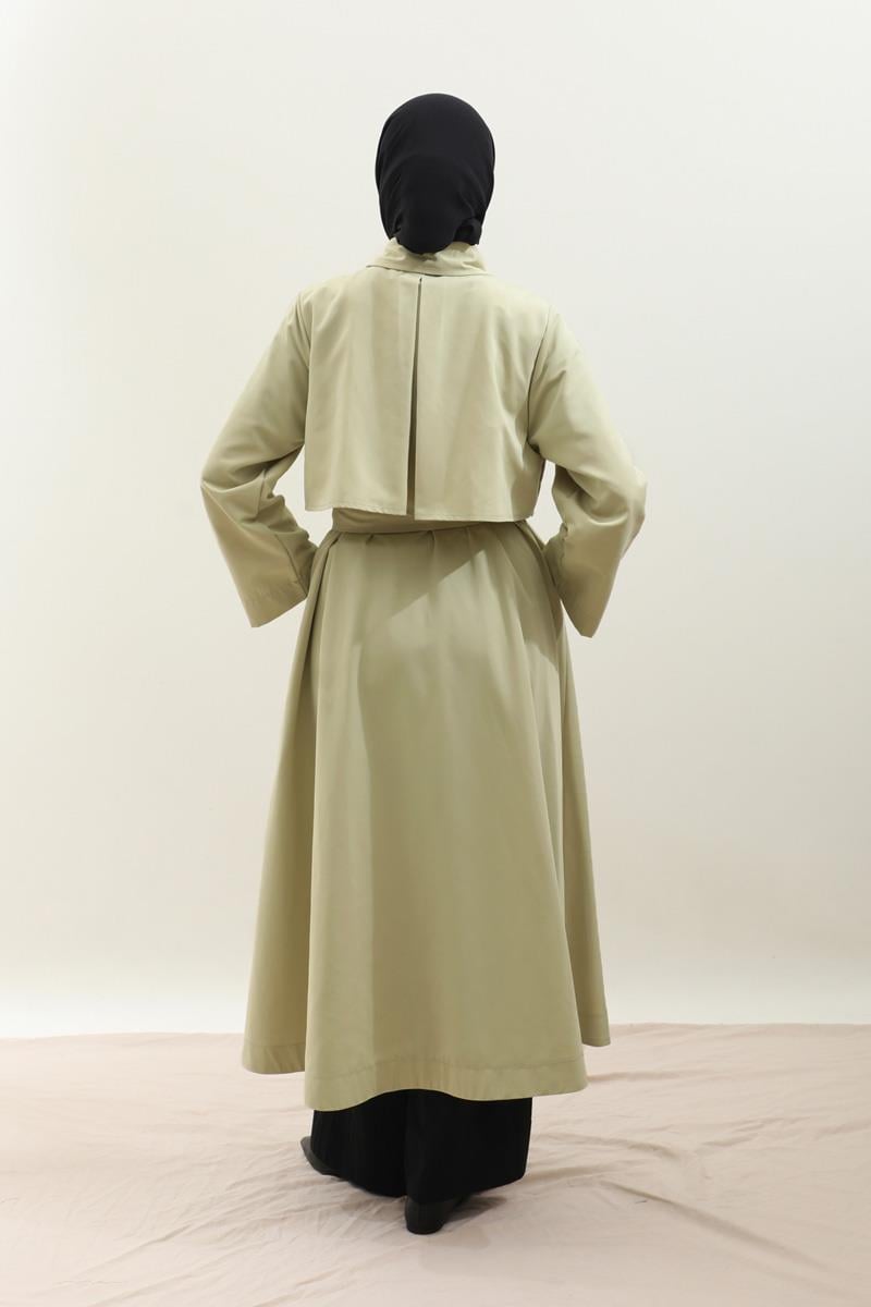 Parçalı Kloş Trençkot Avokado