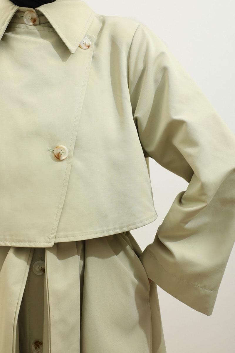 Parçalı Kloş Trençkot Avokado