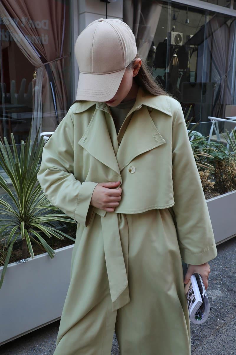 Parçalı Kloş Trençkot Avokado