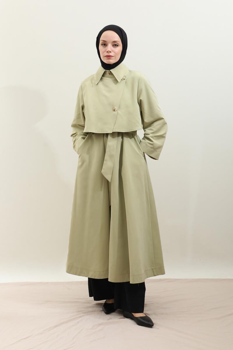 Parçalı Kloş Trençkot Avokado