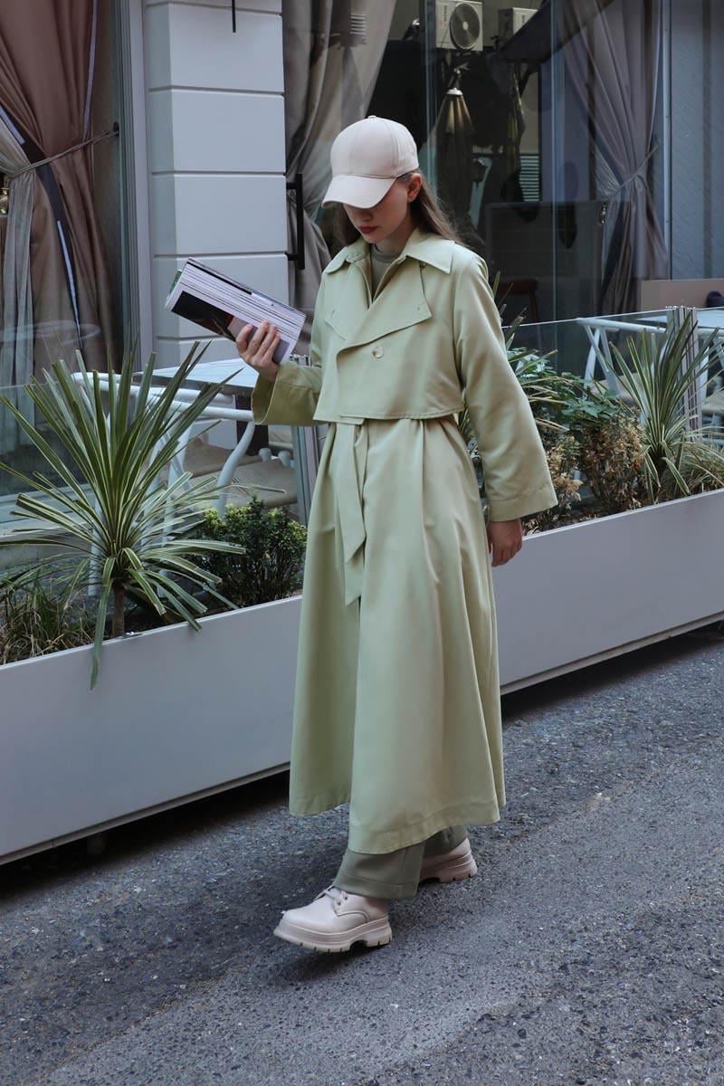 Parçalı Kloş Trençkot Avokado