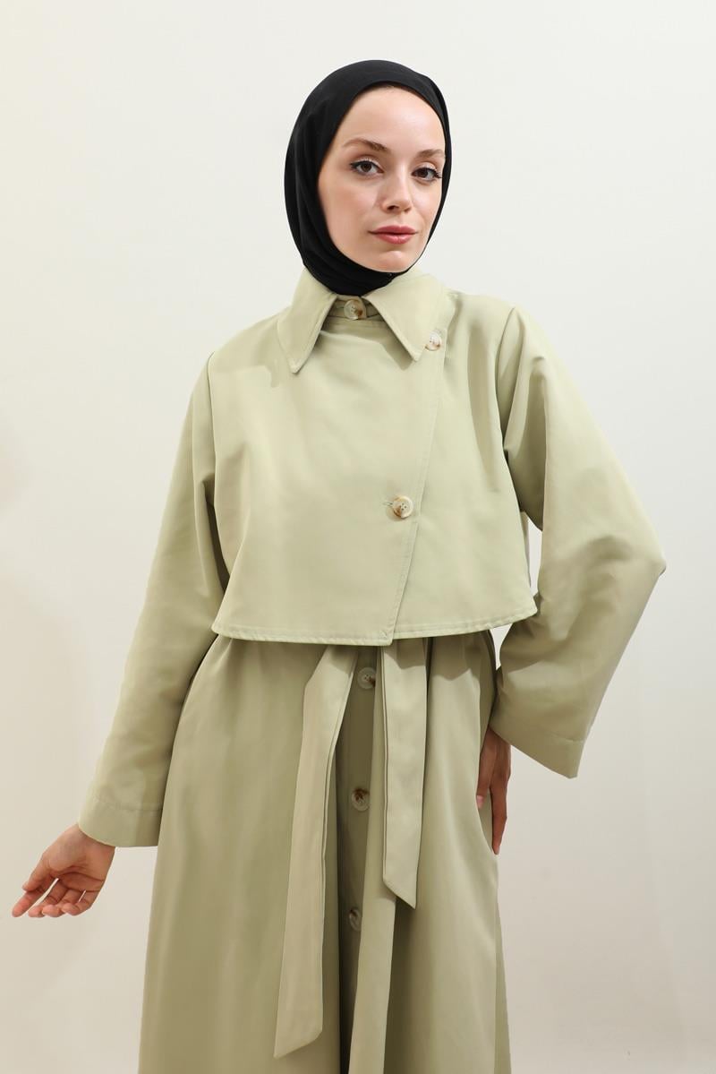 Parçalı Kloş Trençkot Avokado