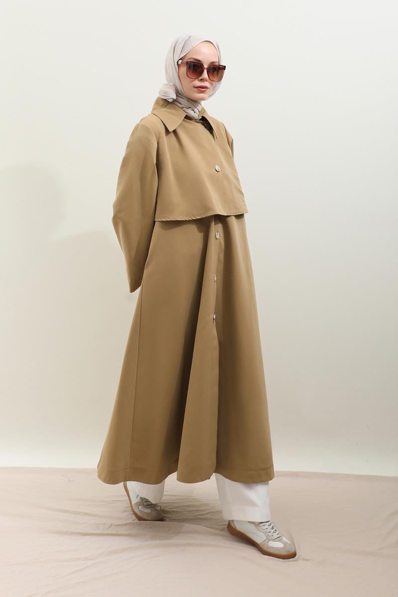 Parçalı Kloş Trençkot Camel