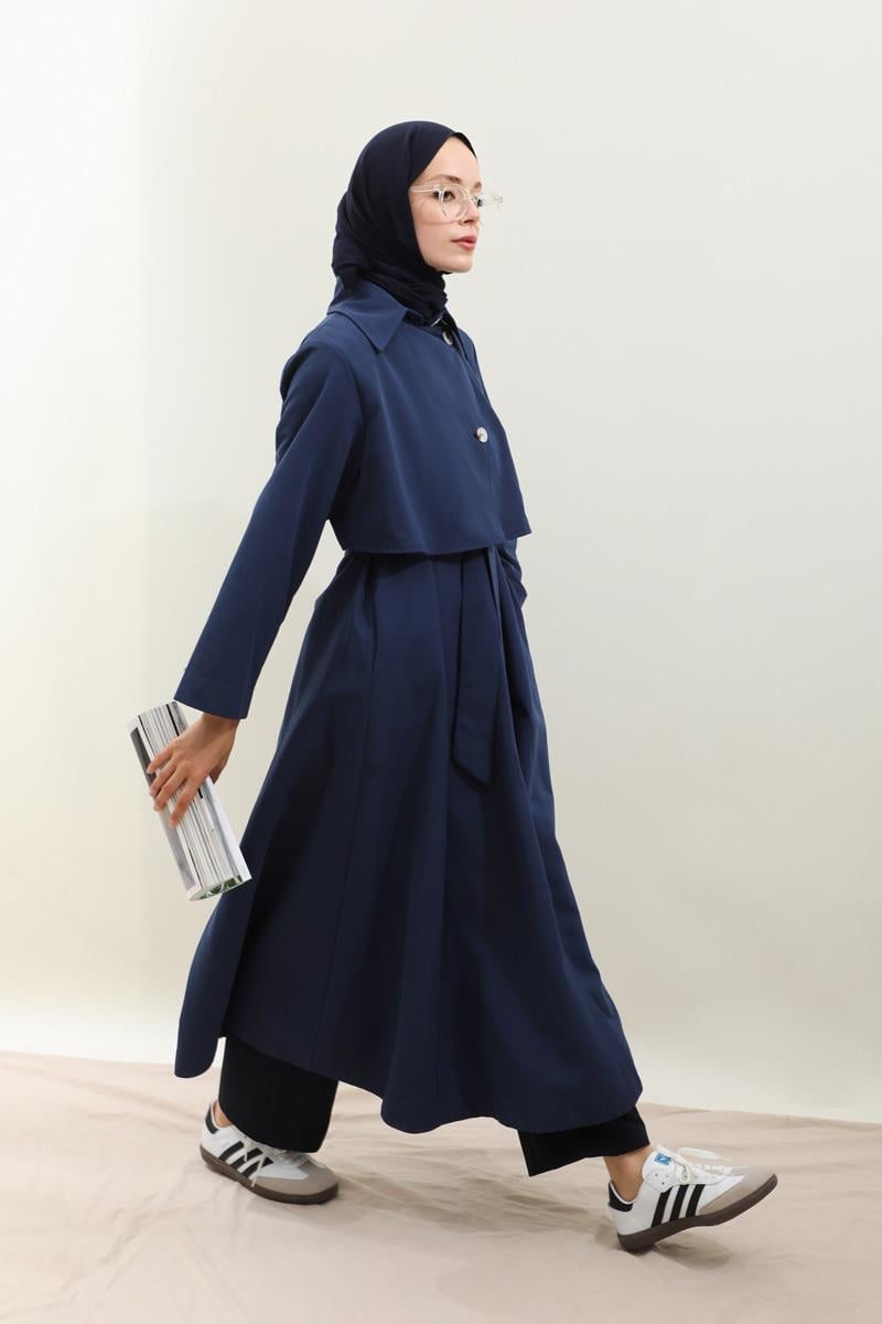 Parçalı Kloş Trençkot Lacivert