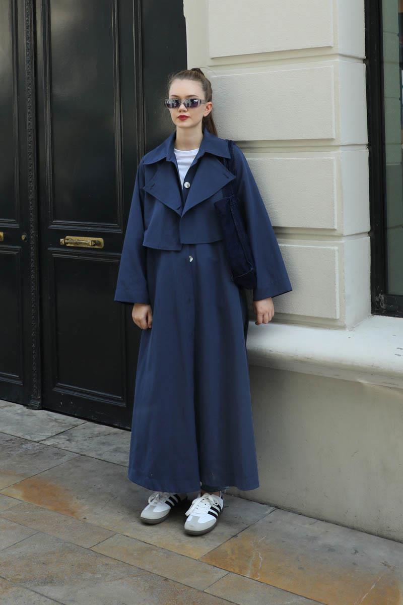 Parçalı Kloş Trençkot Lacivert