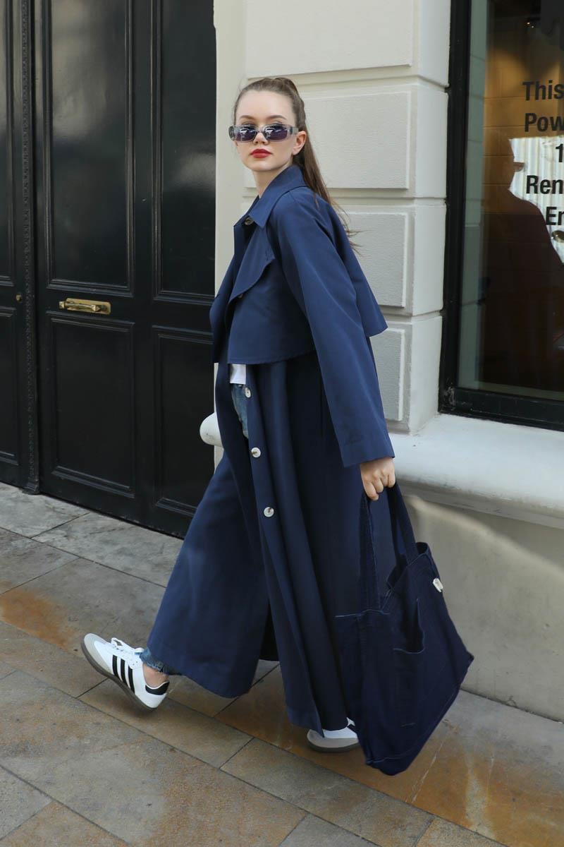 Parçalı Kloş Trençkot Lacivert