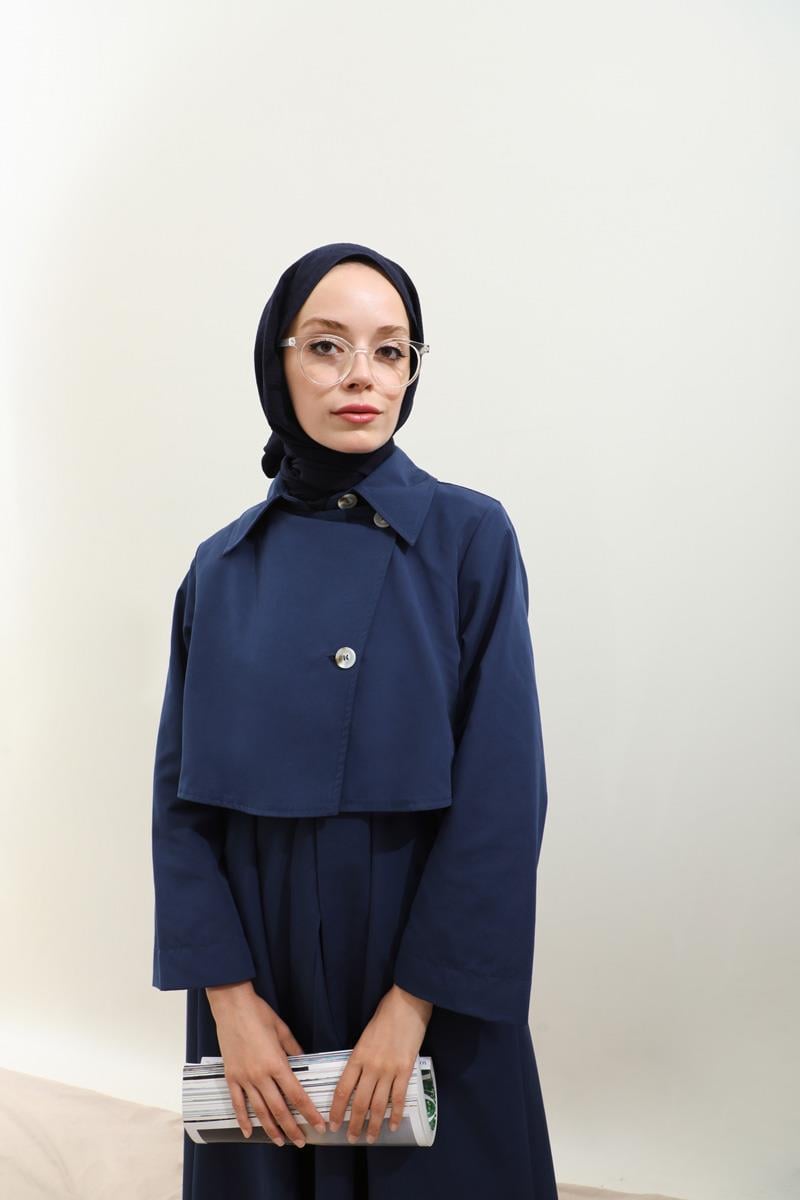 Parçalı Kloş Trençkot Lacivert