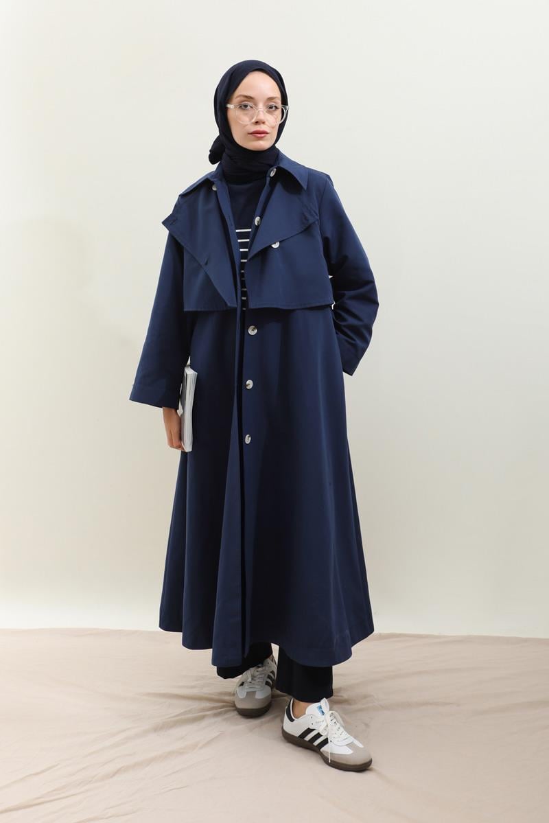 Parçalı Kloş Trençkot Lacivert