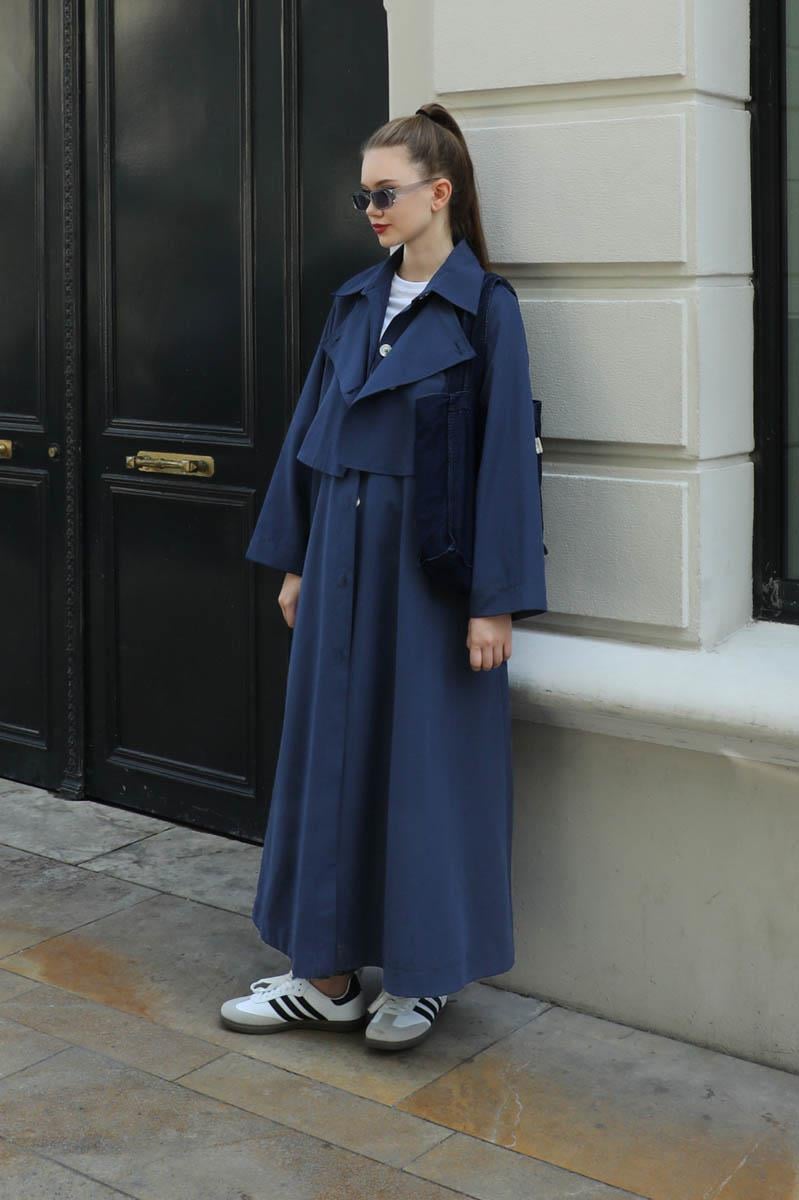 Parçalı Kloş Trençkot Lacivert