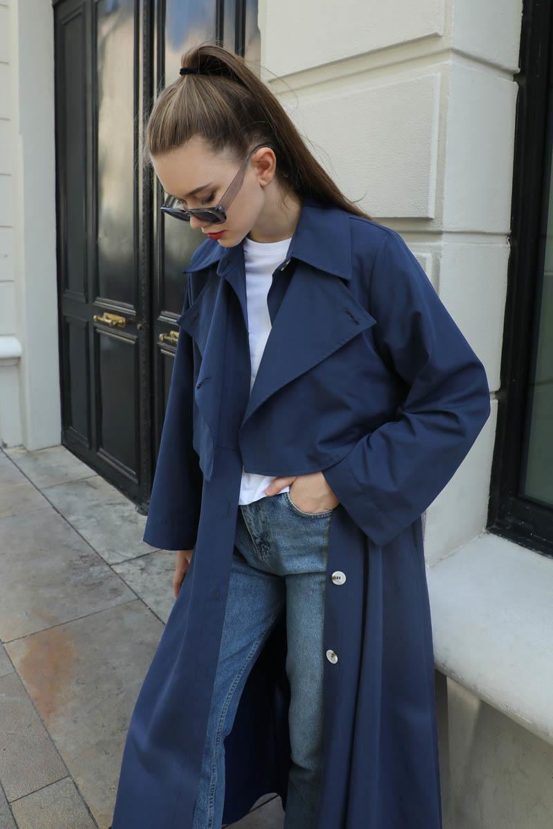 Parçalı Kloş Trençkot Lacivert