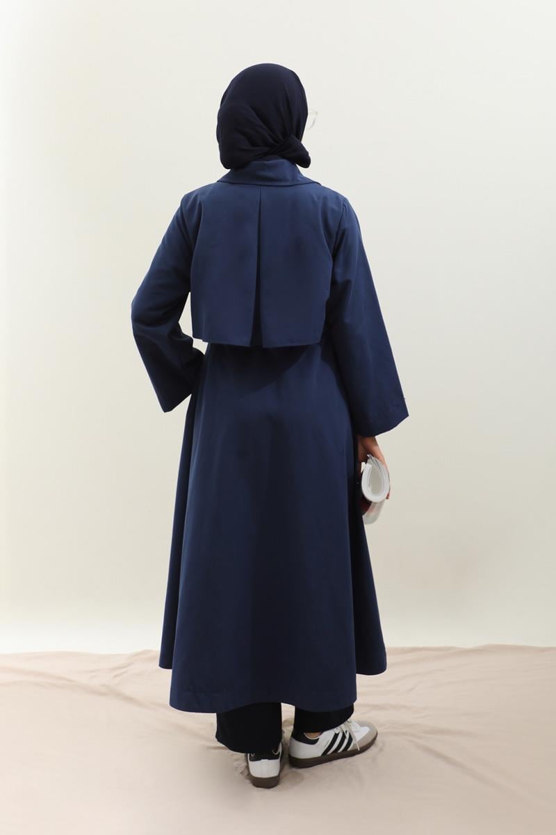 Parçalı Kloş Trençkot Lacivert