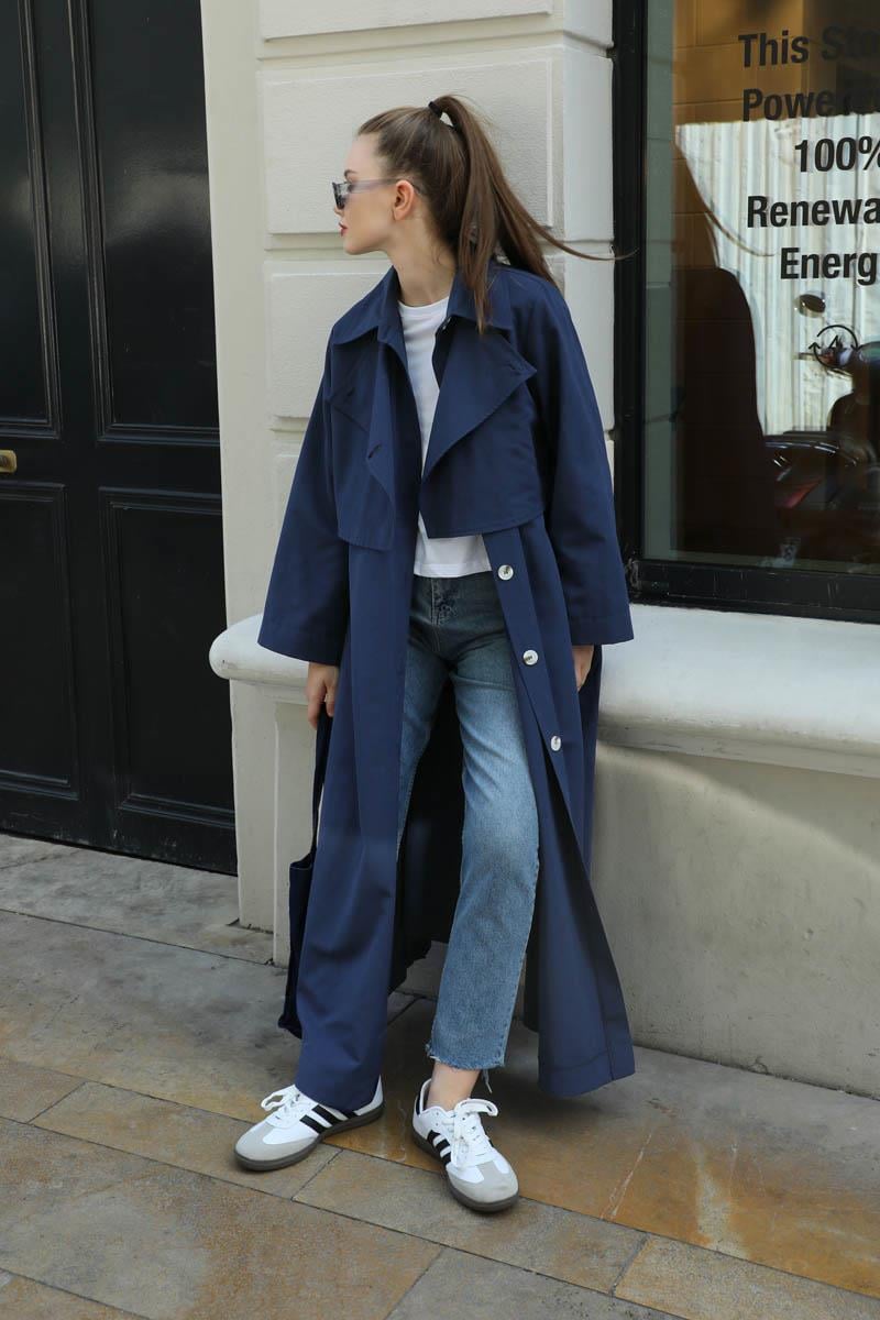 Parçalı Kloş Trençkot Lacivert