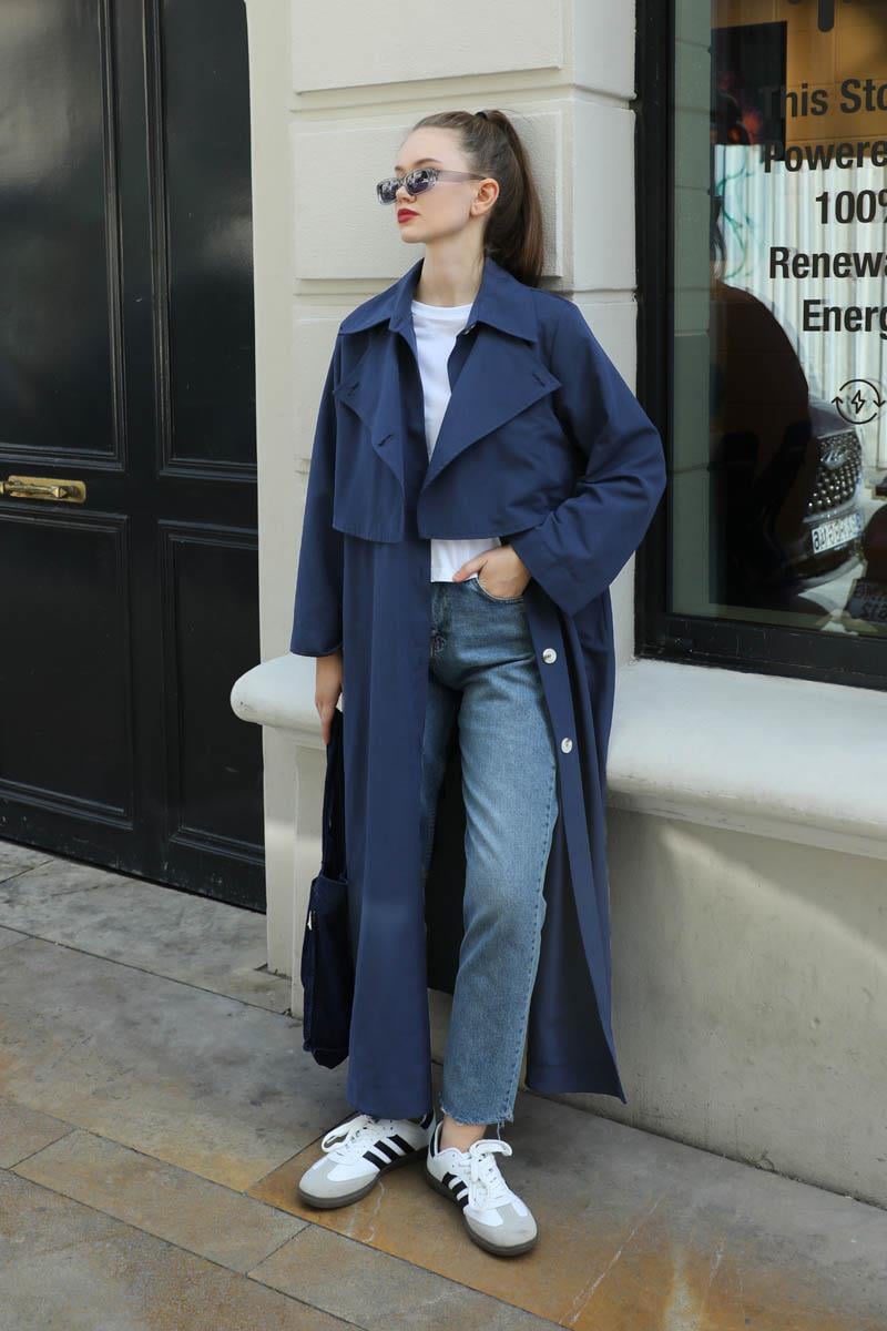 Parçalı Kloş Trençkot Lacivert