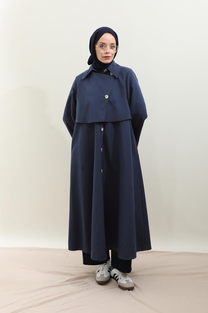 Parçalı Kloş Trençkot Lacivert