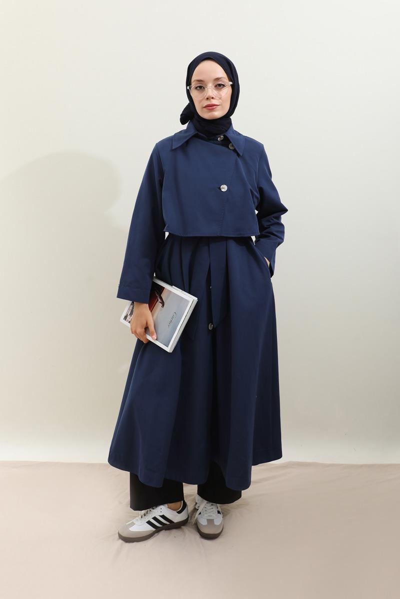 Parçalı Kloş Trençkot Lacivert