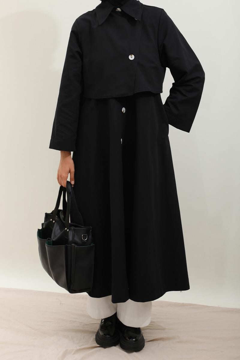 Parçalı Kloş Trençkot Siyah