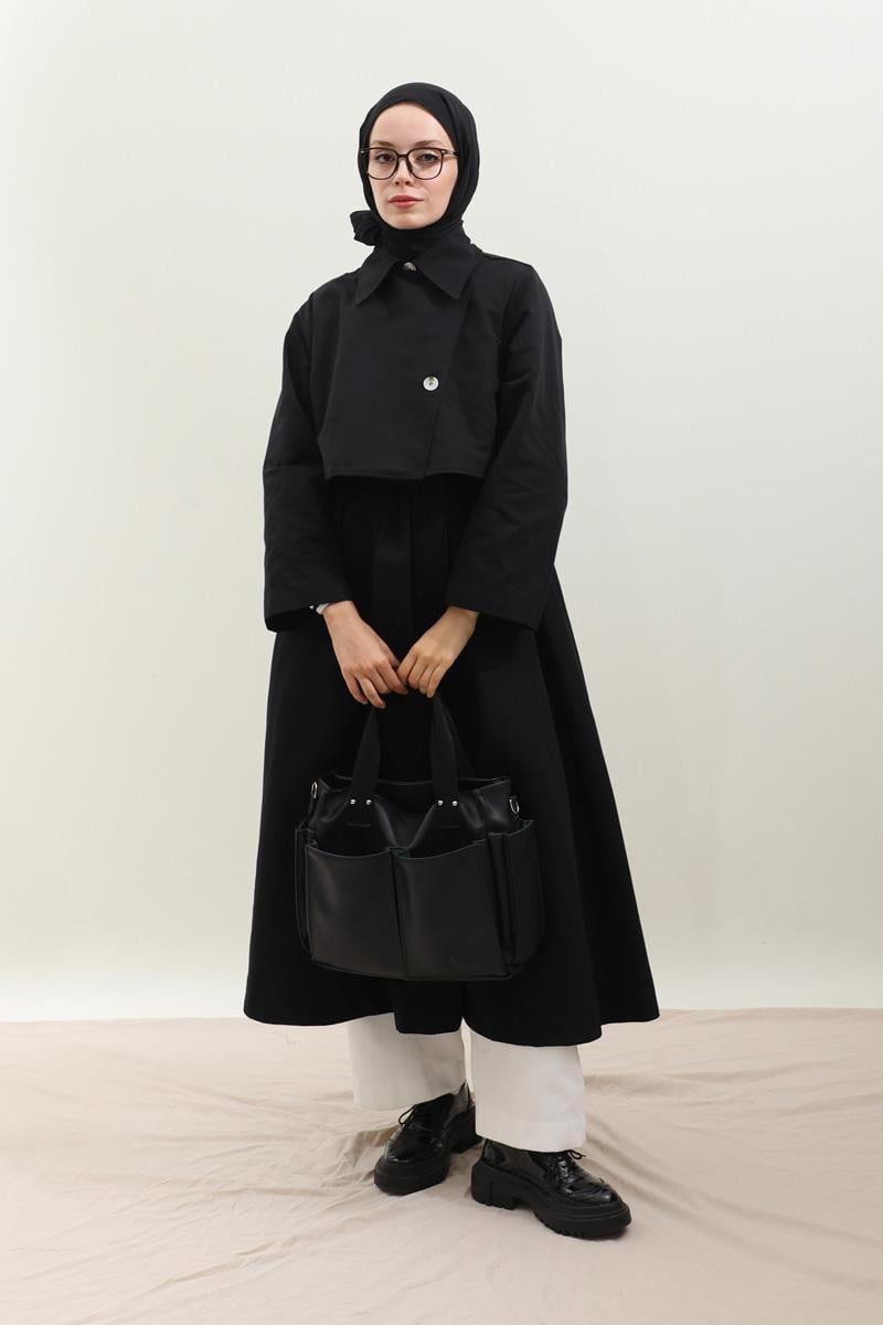 Parçalı Kloş Trençkot Siyah