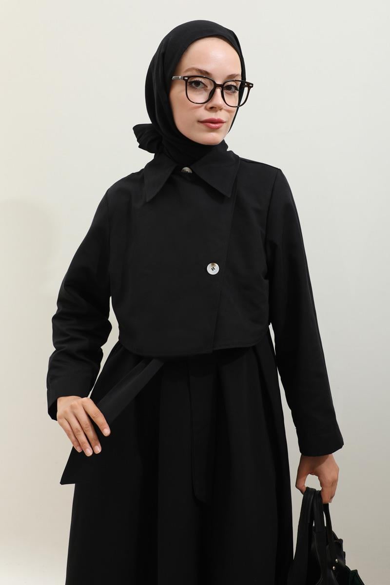 Parçalı Kloş Trençkot Siyah