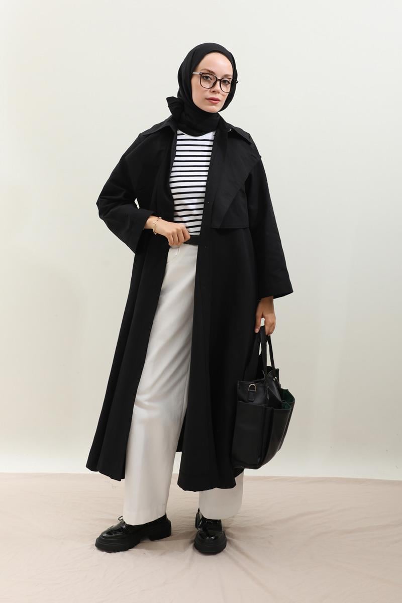 Parçalı Kloş Trençkot Siyah