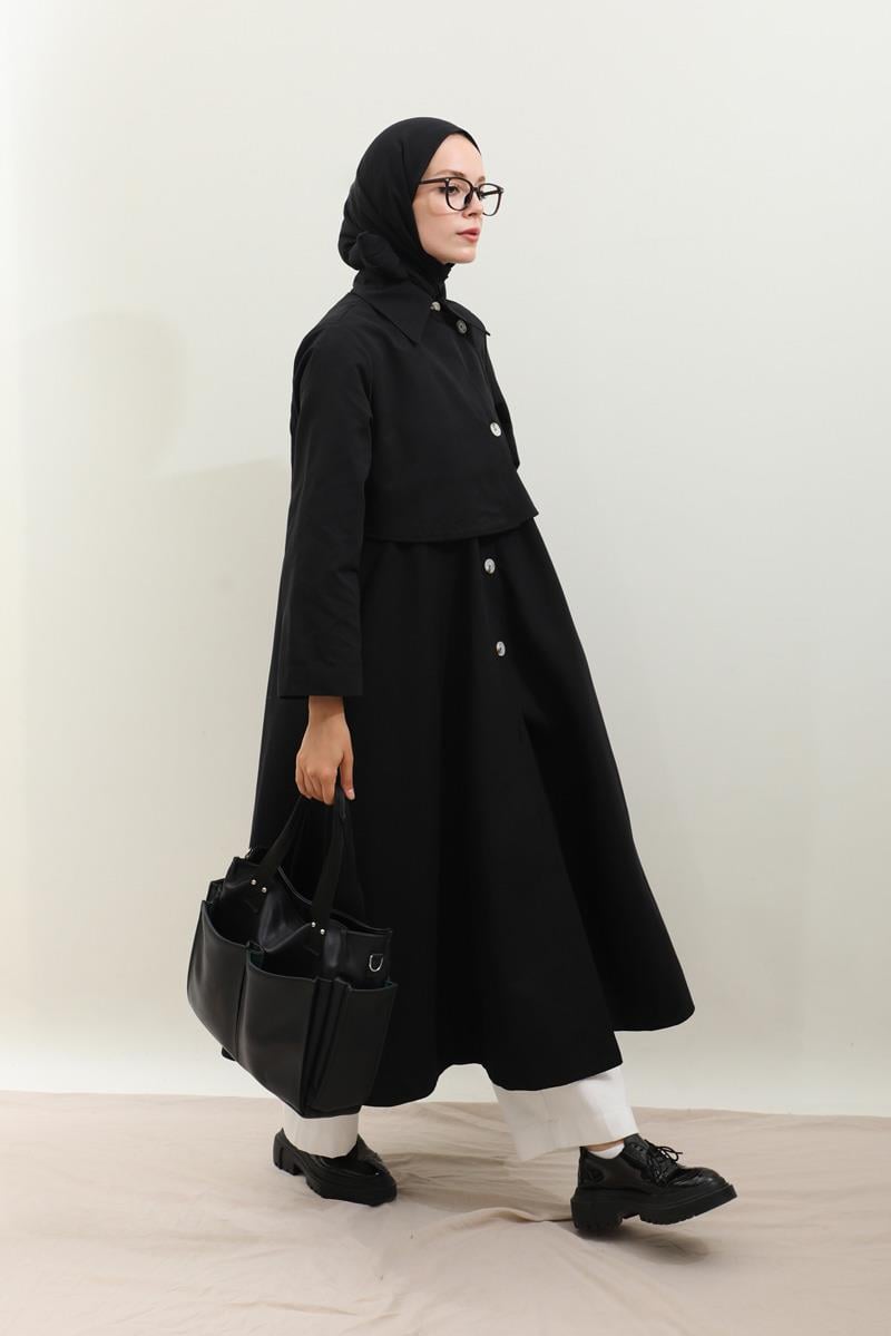 Parçalı Kloş Trençkot Siyah