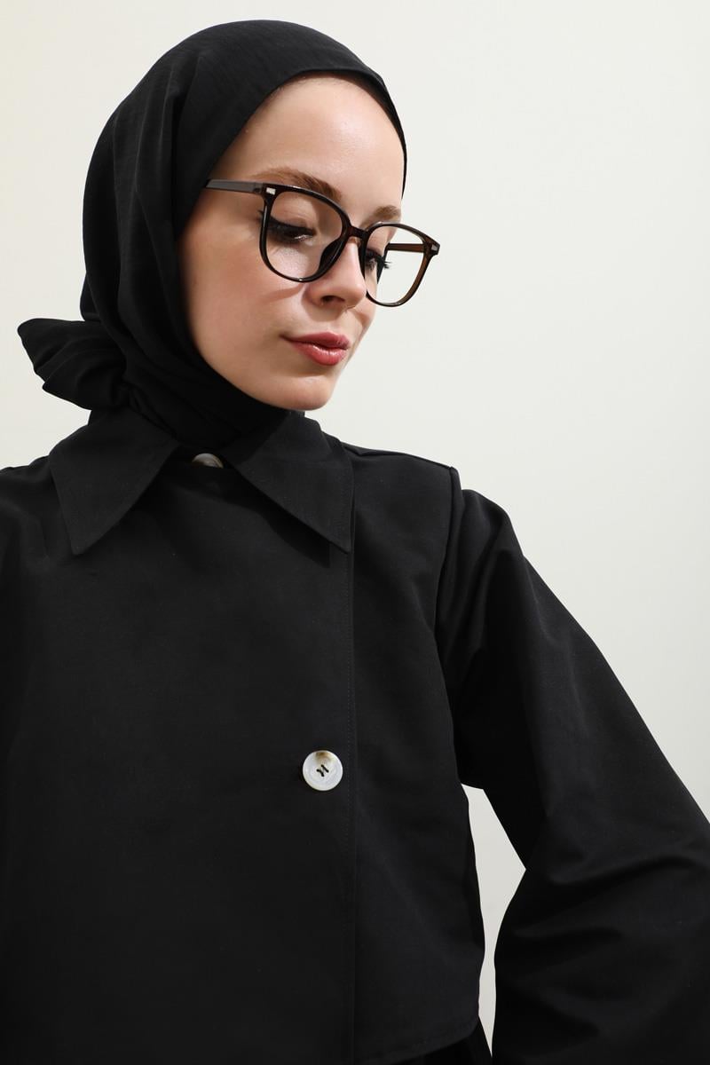 Parçalı Kloş Trençkot Siyah