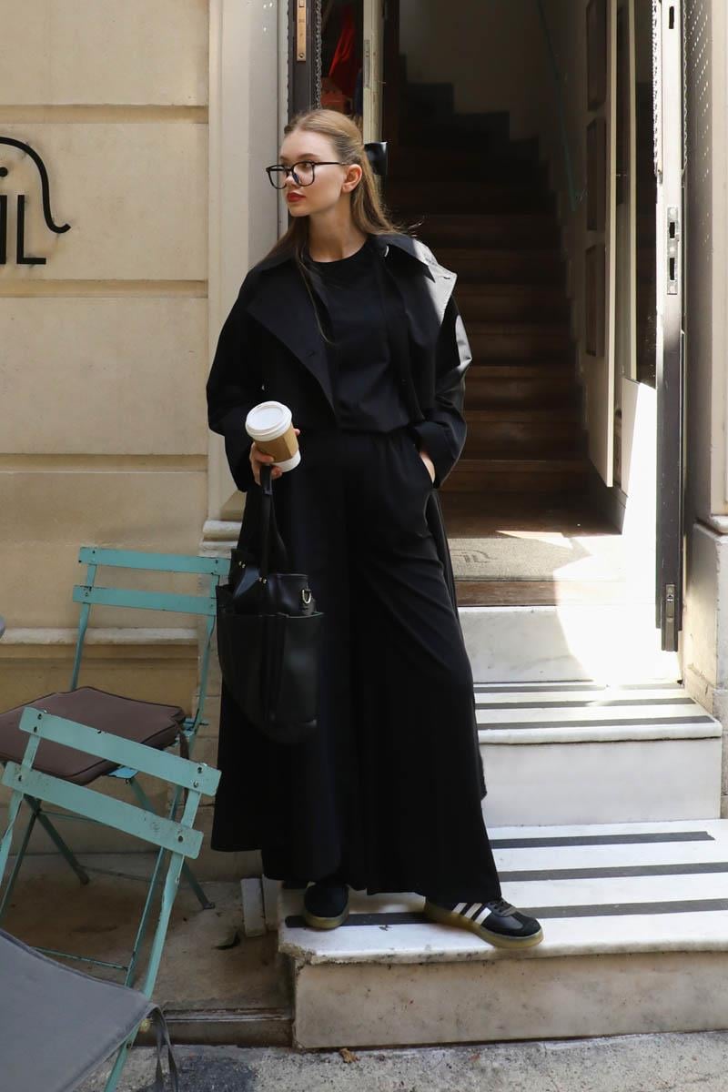 Parçalı Kloş Trençkot Siyah