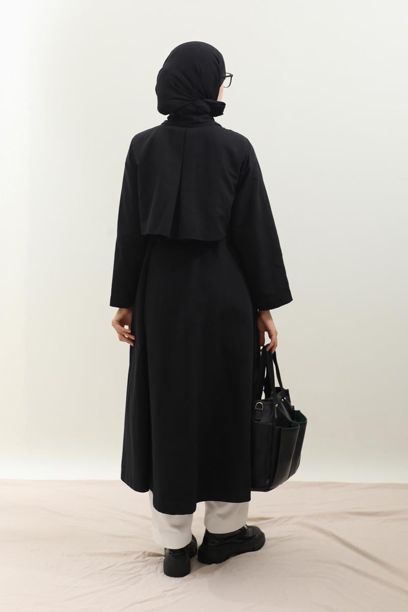 Parçalı Kloş Trençkot Siyah
