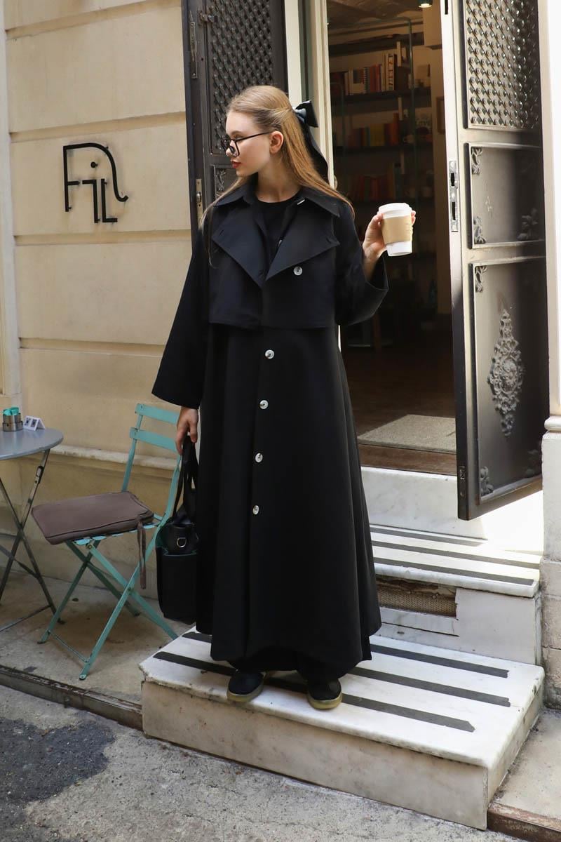 Parçalı Kloş Trençkot Siyah