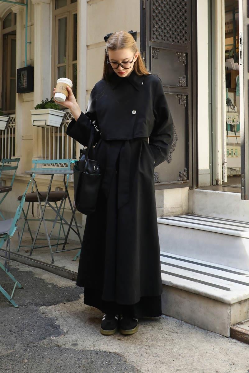 Parçalı Kloş Trençkot Siyah