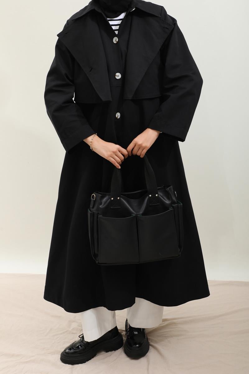 Parçalı Kloş Trençkot Siyah