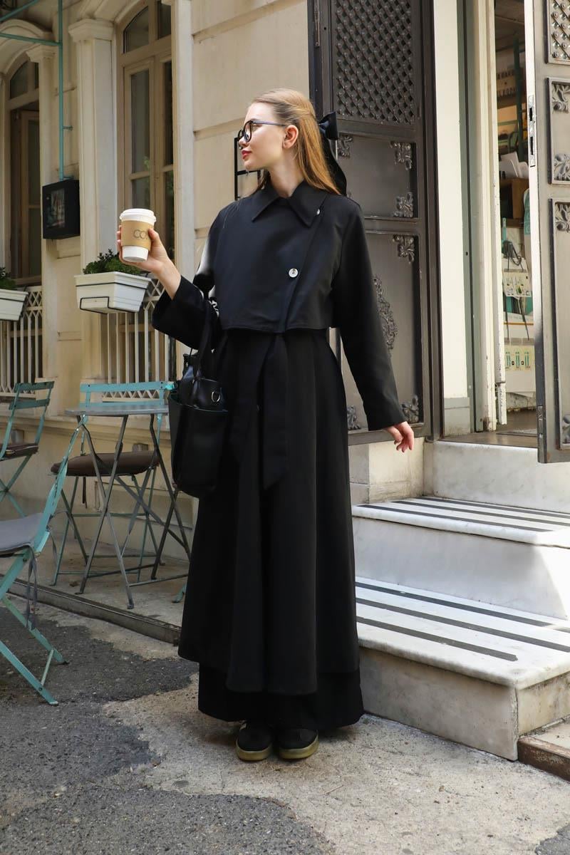 Parçalı Kloş Trençkot Siyah