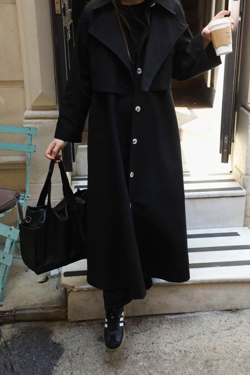 Parçalı Kloş Trençkot Siyah