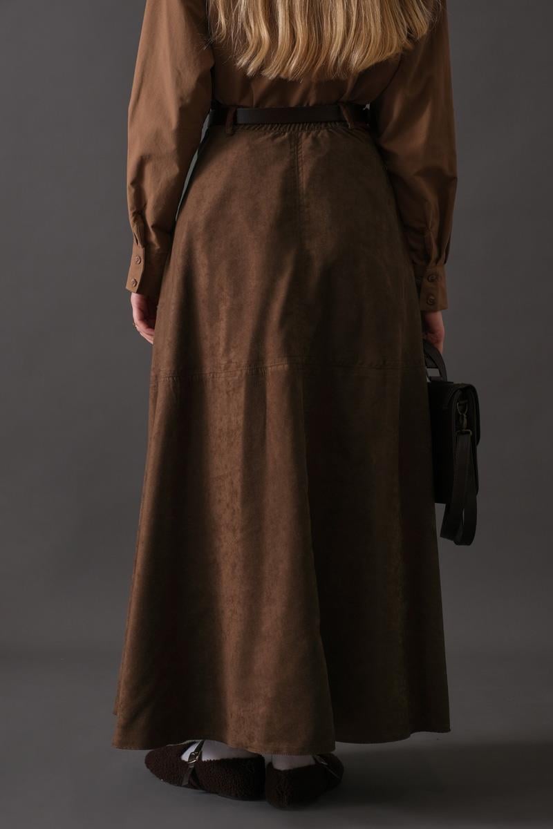 Parçalı Süet Etek Kahverengi