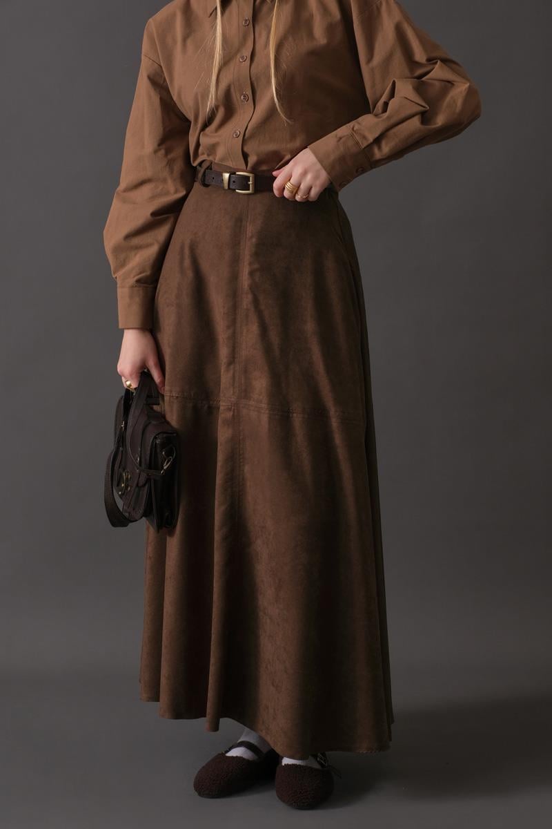 Parçalı Süet Etek Kahverengi