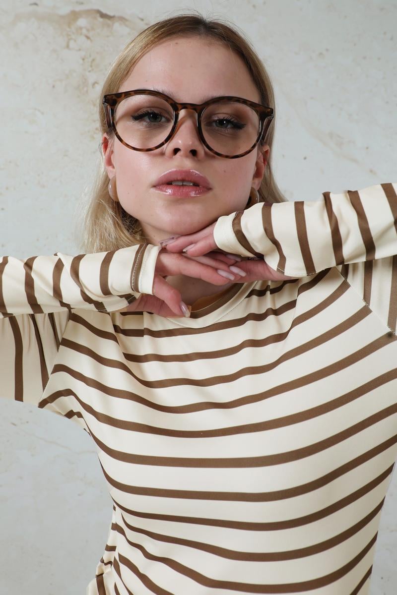 Parmaklı Çizgili Body Kahverengi