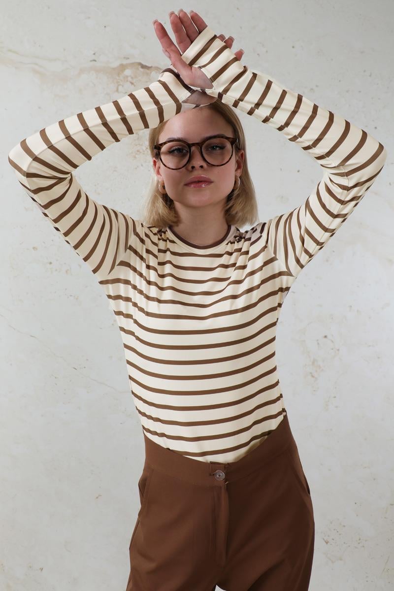 Parmaklı Çizgili Body Kahverengi