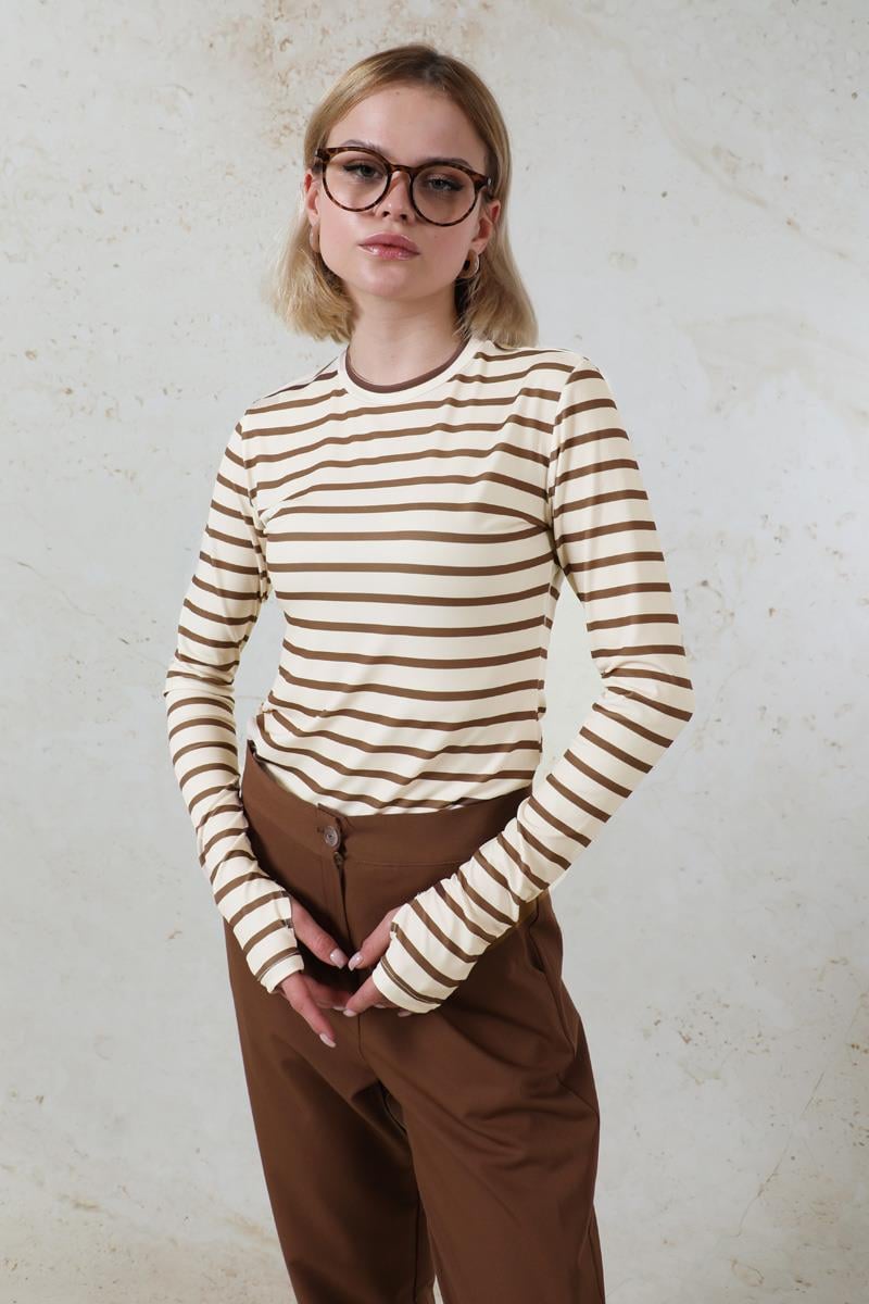 Parmaklı Çizgili Body Kahverengi