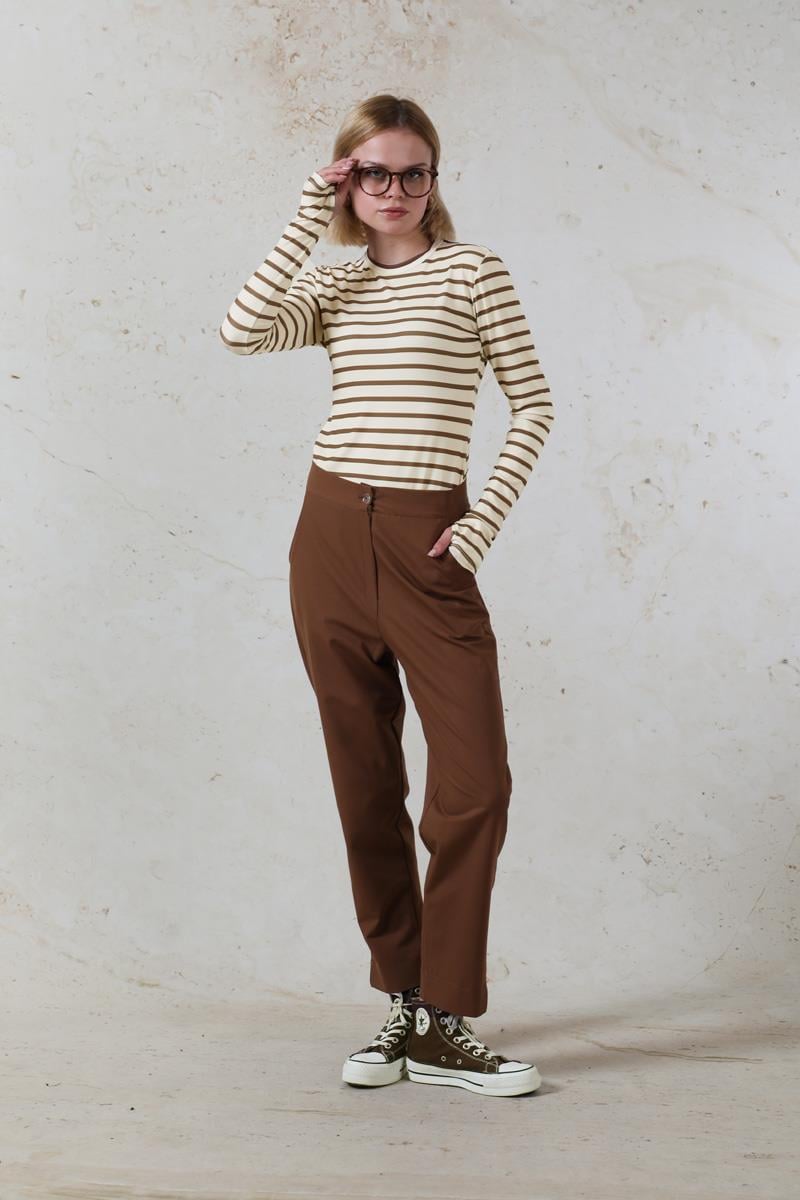 Parmaklı Çizgili Body Kahverengi