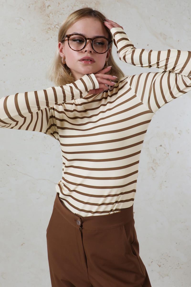 Parmaklı Çizgili Body Kahverengi