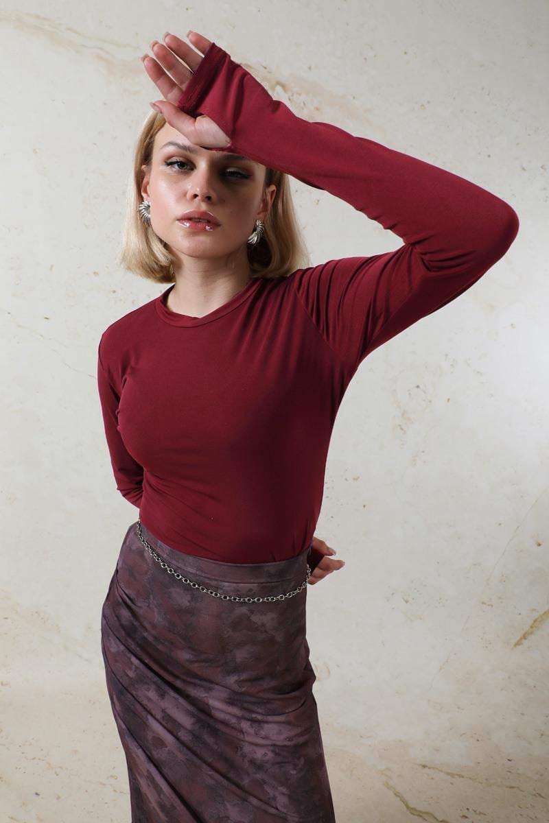 Parmaklı Düz Body Bordo