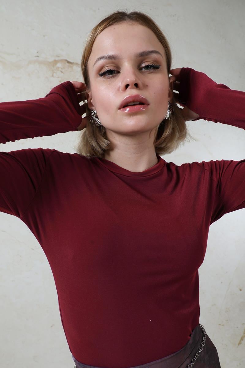 Parmaklı Düz Body Bordo