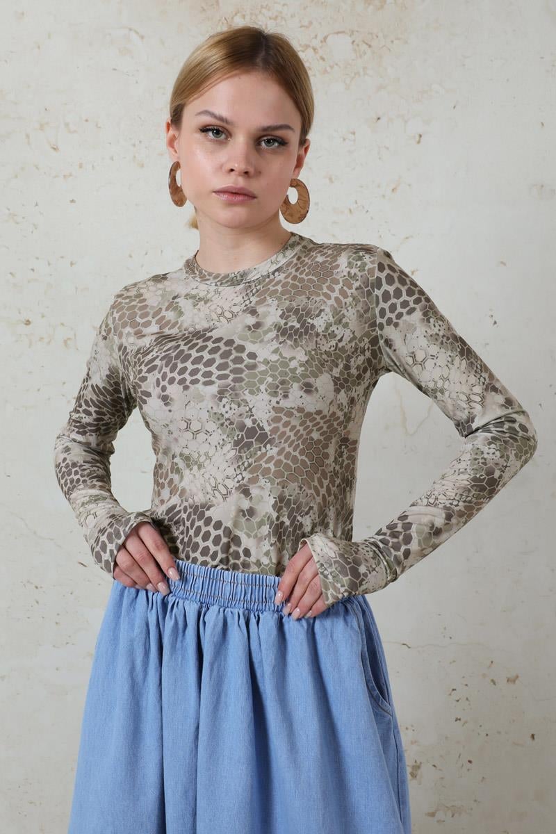 Parmaklı Yılan Desen Body Haki