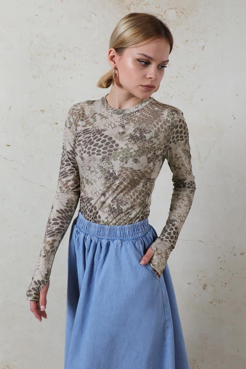 Parmaklı Yılan Desen Body Haki