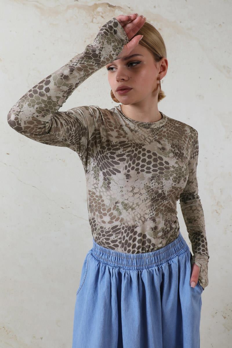 Parmaklı Yılan Desen Body Haki